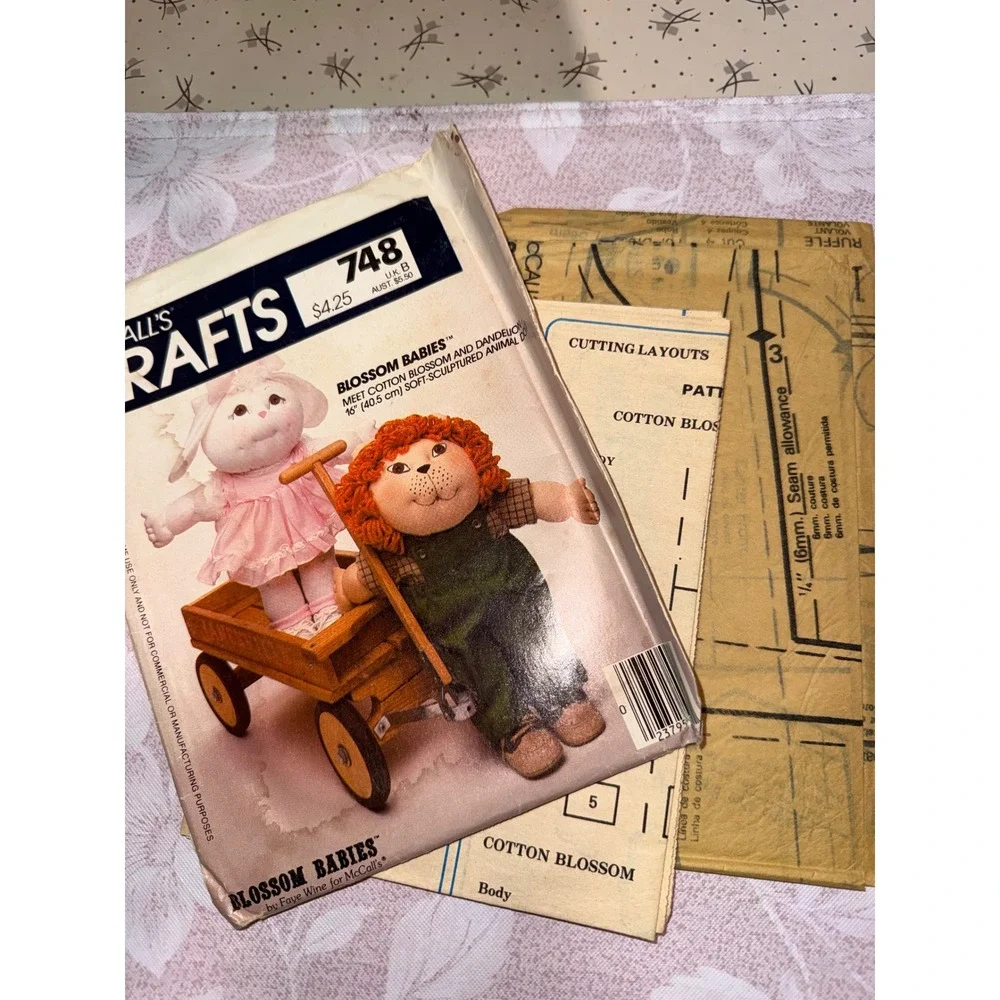 McCalls 748 Blossom Babies Soft Sculptured Animal Doll Sewing Pattern Vintage 80